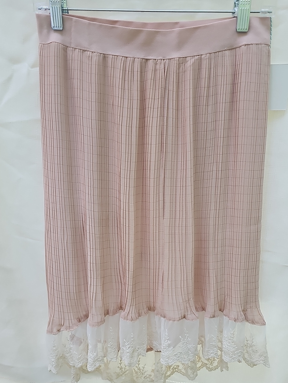 NWT Umgee Pink Pleated Lace Trim Midi Skirt Extender Gold Shimmer Hi-Low L